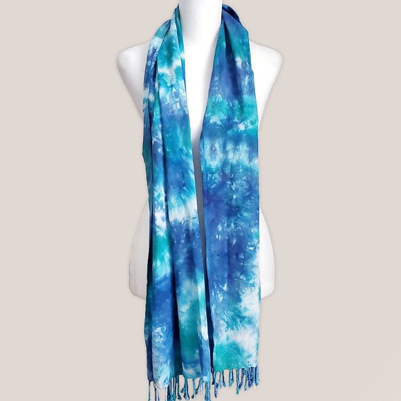 Lake Blue Tie Dye Scarf | Blue Teal Hand-Dyed Fringe Wrap in Rayon - Picture 2 of 3